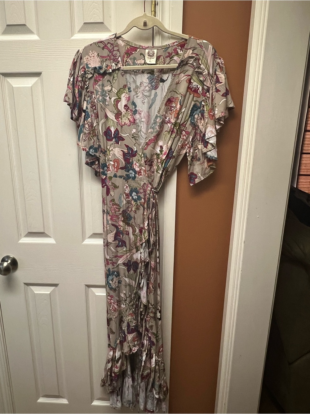 ELF Taupe Floral Blouse with Pink, Blue and Green Accents